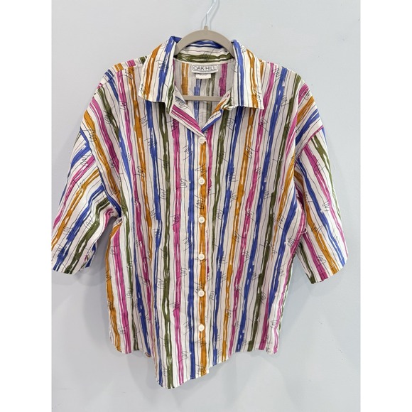 Oak Hill Tops - Vintage Oak Hill Striped Button Front Shirt Large Colorful Abstract Print 80s